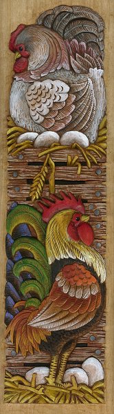 Hen and Rooster Relief Wood Carving