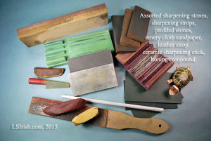 Sharpening stones and leather strops used in wood carving and whittling