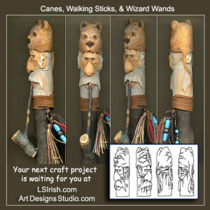 Cane, walking stick, and wizard wand wood carving