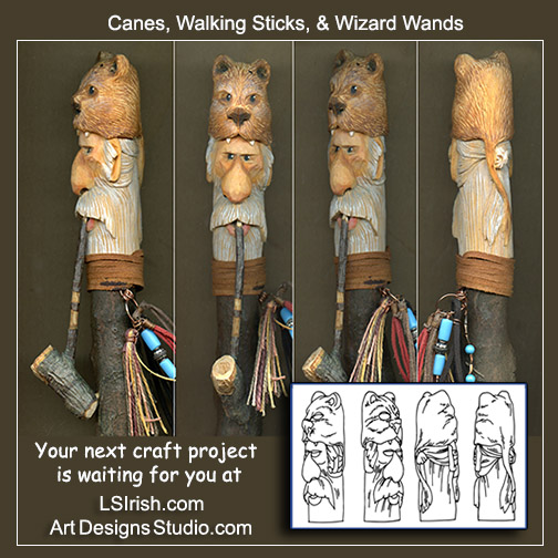 Cane, walking stick, and wizard wand wood carving