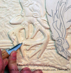 Shaping the Mule Deer body in wood carving