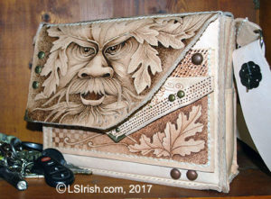 Leather Purse Pyrography, Greenman Project by Lora Irish