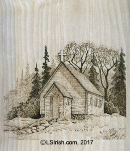 Wood burning a landscape, church, by L S Irish